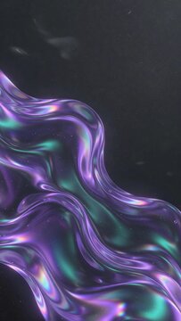 AI generated 3d render of flowing liquid holographic iridescent shapes, purple and teal gradient, floating on dark grey background with subtle noise, ethereal glow and soft reflections, futuristic tec