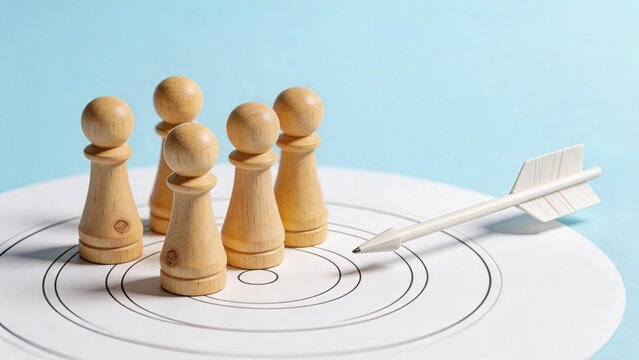 Target audience marketing strategy, wooden chess pawns standing on paper target with arrow, business focus concept, precise aim and accuracy, team alignment towards common goal,