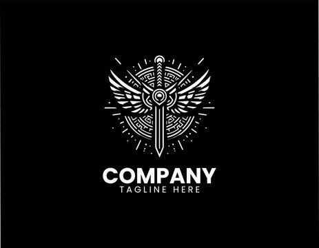 Winged sword with Norse valknut symbol minimalist black vector logo fantasy warrior emblem