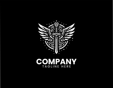 Winged sword with Norse valknut symbol minimalist black vector logo fantasy warrior emblem