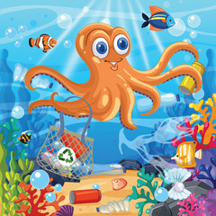 Naklejka premium Cartoon Octopus Cleaning Plastic Waste and Trash from Ocean Floor