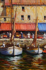 Fototapeta premium Impressionist Painting of a Bustling Mediterranean Market Scene
