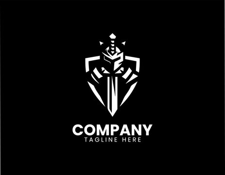 Medieval sword and knight helmet minimalist black silhouette vector logo design