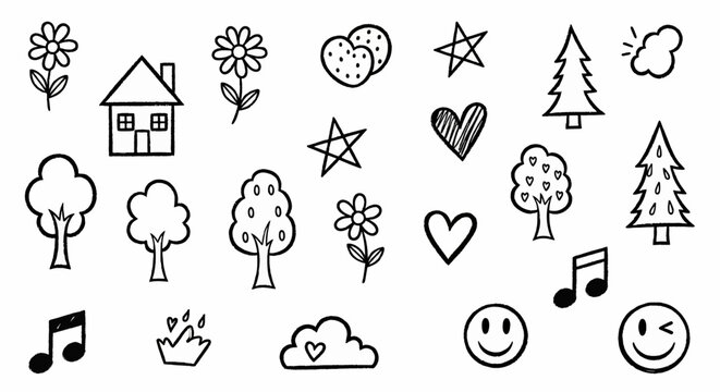 Hand-drawn doodle elements: house, trees, flowers, hearts, stars, clouds, smiley faces, music notes