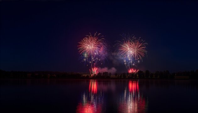 Fourth of July fireworks over lake, red white blue, night sky reflection, celebration, copy space