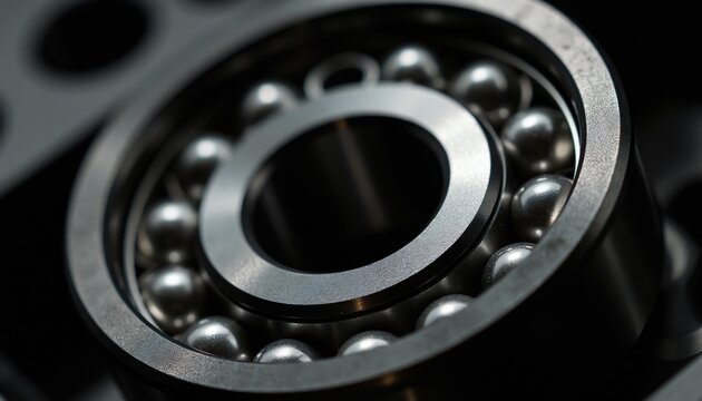 Close up macro view of metal ball bearing with polished spheres inside. Precision engineering part for machinery smooth rotation. Industrial component for mechanical systems.