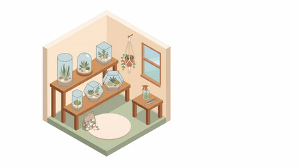 Obraz premium Cozy terrarium corner isometric room interior with geometric glass terrariums, succulents and macrame plant hanger, flat vector illustration