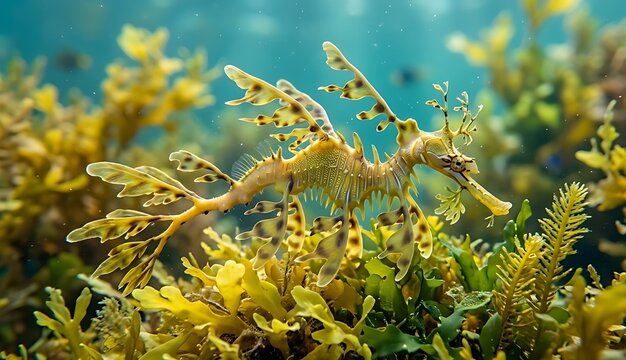Rare Camouflaged Leafy Seadragon Swimming Near Seaweed
