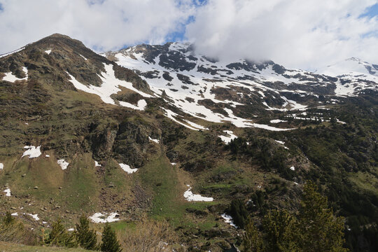 Mountain landscape in spring in the Ordino-Arcalis ski resort in Andorra