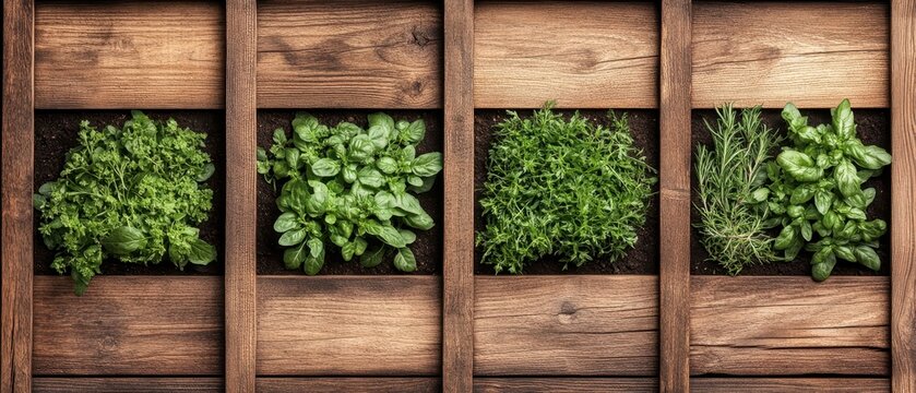 Four different fresh green herbs grow in wooden garden beds, promoting healthy natural eating and fresh ingredients.