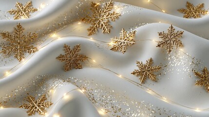 Fototapeta premium Golden decorative snowflakes resting on soft white satin fabric with glowing warm fairy light strings