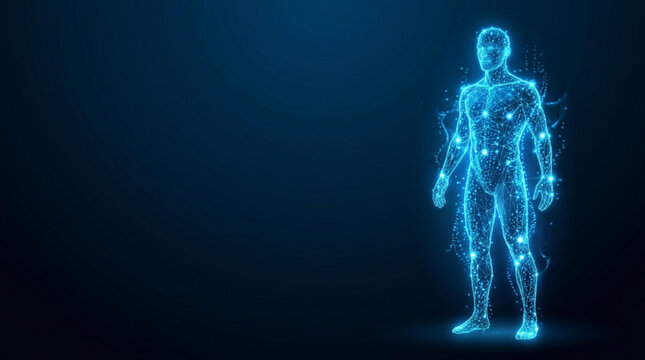 Glowing blue digital human body wireframe on dark background representing future technology and medicine