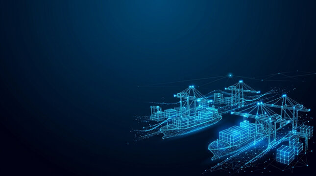 Futuristic digital wireframe of container cargo ships at smart port terminal with cranes