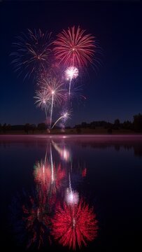 Fourth of July fireworks over lake, red white blue, night sky reflection, celebration, copy space