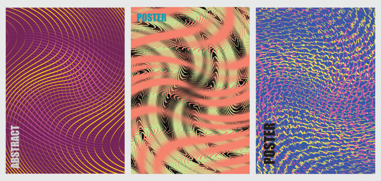 Abstract Wavy Lines Glitch Optical Illusion Modern Posters Set. Vector Illustration of Retro Distorted Wave Backgrounds, Psychedelic Vortex Textures, and Creative Album Cover Templates.