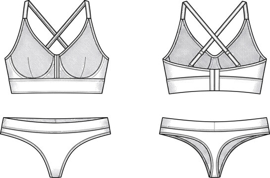 Women Sports Bra and Thong Underwear Technical Flat Template with Front and Back Views