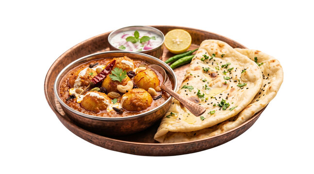 Traditional Indian meal platter of rich Kashmiri aloo dum gravy with butter naan flatbread, raita, and lemon served on a bronze tray isolated on a transparent background 
