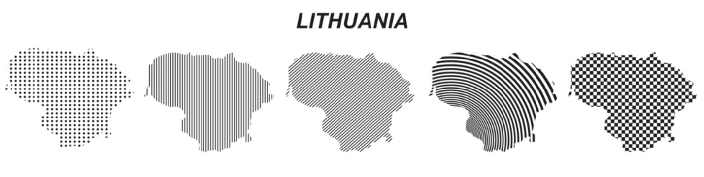 Lithuania map silhouette vector, isolated country outline graphic set, 5 black design templates with dots stripes and checkered patterns, geometric abstract digital layout element