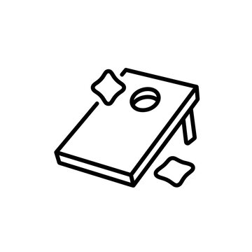 Simple line icon showing a cornhole board and bean bags for lawn games.