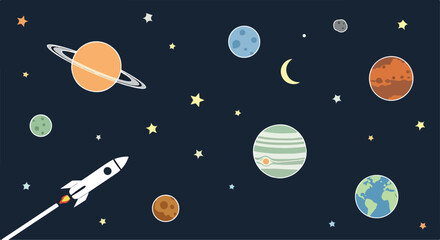 Colorful cartoon space scene with planets, stars, and a rocket © Jinbe