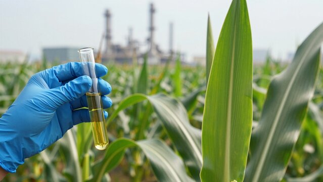 Hand holding test tube with yellow liquid in cornfield, industrial facility in soft focus background.