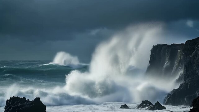 Ocean pier extending into stormy waves under dramatic cloudy sky. Timelapse sequence of crashing surf and turbulent water around wooden structure. Moody coastal scene with reflective wet sand.