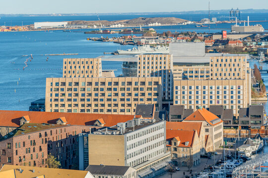 Copenhagen Harbor Cityscape with Modern Buildings, Elevated View of Holmen District, Baltic Sea Canal