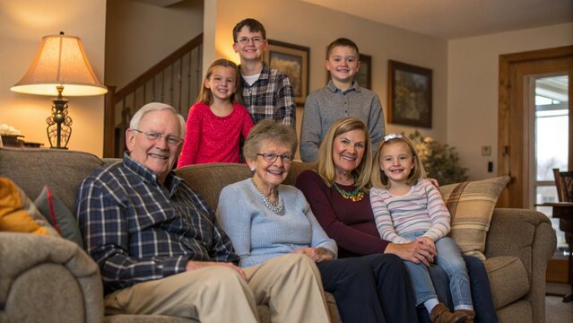 Happy multigenerational family posing for a portrait together in the living room, concept of family bonding, heritage, and love.