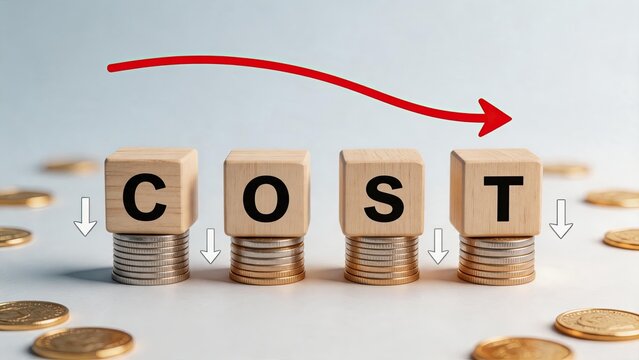 Cost reduction strategy concept with wooden blocks spelling cost on stacks of coins, red arrow showing downward trend for budget saving and expense cut.