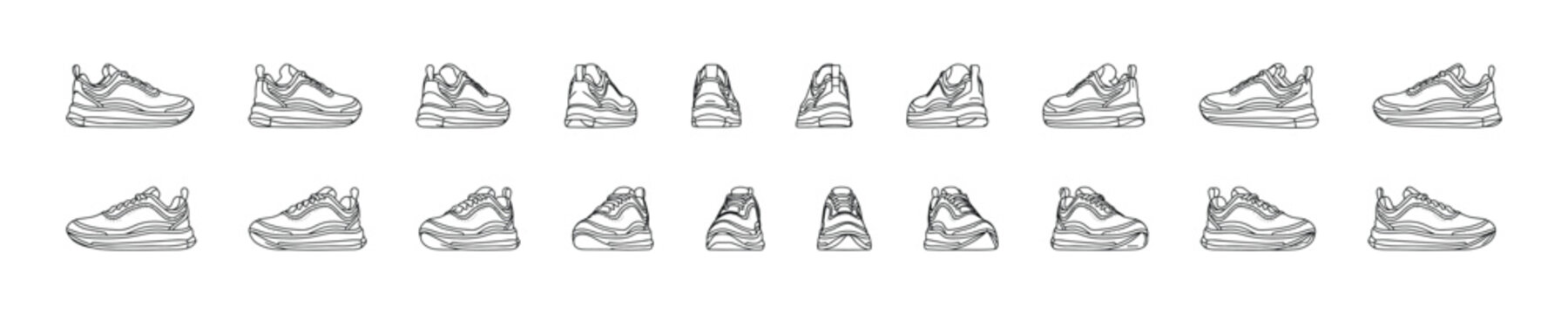 Multi-view sneaker front reference sheet featuring multiple front-angle and frontal perspective views in clean vector outline style. Designed for footwear design, product development, concept art