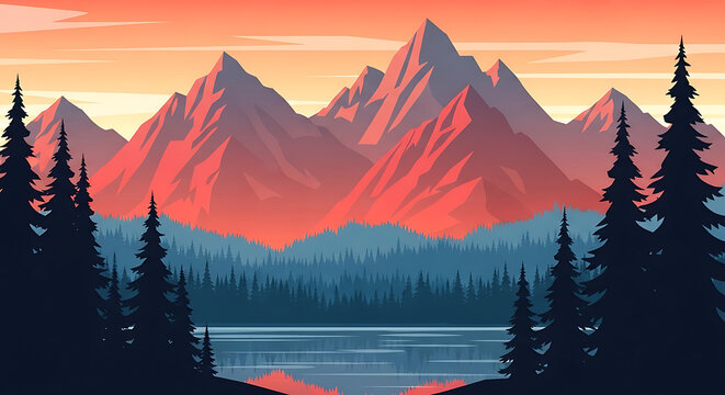 Majestic mountain landscape at sunset with pine forest and serene lake pine trees mountains landscape wilderness outdoors reflection beautiful environmental
