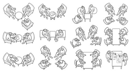 Naklejka premium Office Lounge Meeting and Creative Workshop Outline Vector Pack with Overhead Poses