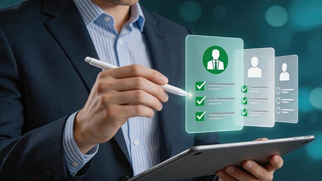 Recruiter reviewing candidate profiles on tablet, human resources concept, hiring process, employee selection, talent acquisition, job interview preparation, corporate recruitment