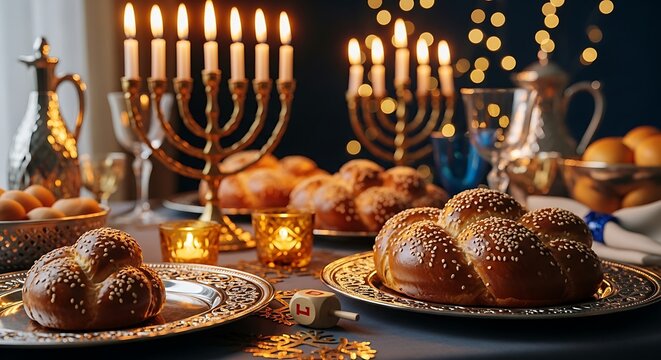 Hanukkah celebration with traditional challah bread and menorah