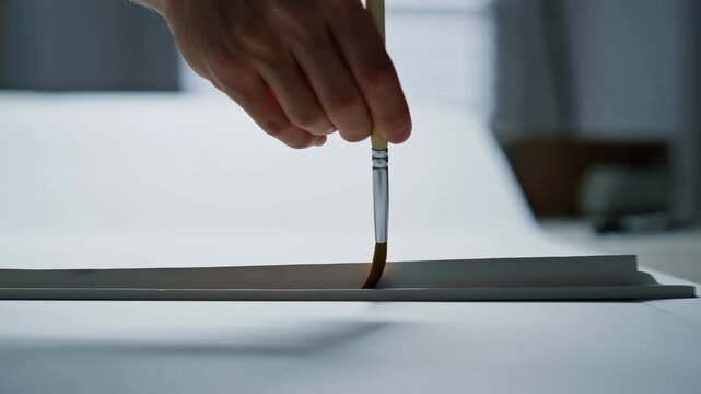 Hand holding paintbrush above blank canvas in soft indoor light