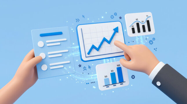 3D business data analysis concept, cartoon hands pointing at financial growth charts, digital marketing strategy dashboard on blue background