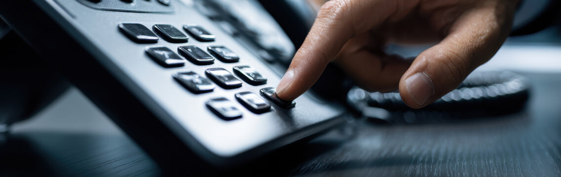 closeup of person finger dialing a telephone number to make a phone.