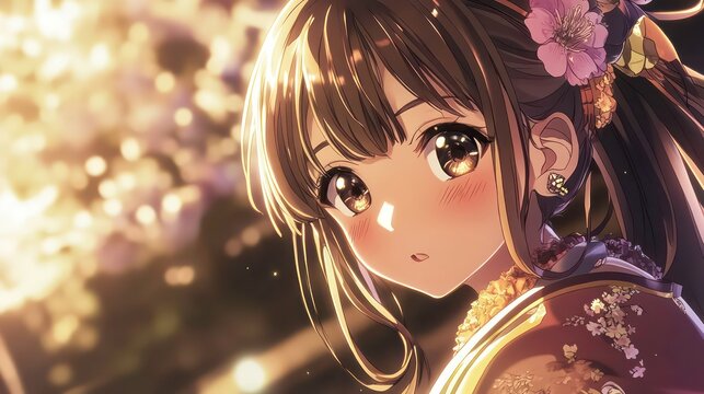 Close-up portrait of a young woman with brown hair and amber eyes, wearing a traditional Japanese kimono, set against a bokeh background of warm, golden lights.