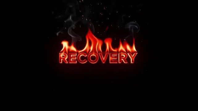 Recovery text burning in intense orange flames with swirling gray smoke rising against a deep black background in this high quality motion video animation design element featuring glowing embers and d