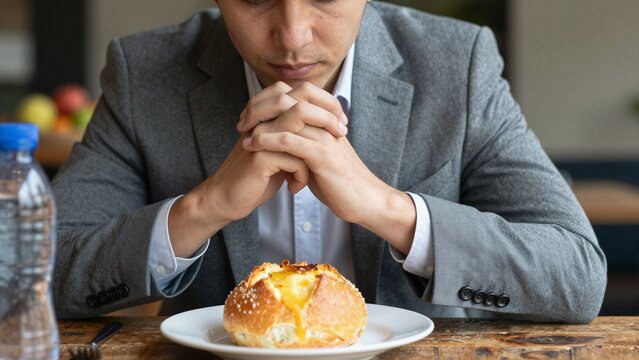 A man in a grey suit sits at a table with his hands clasped, appearing to pray or contemplate before eating a bread bowl soup.