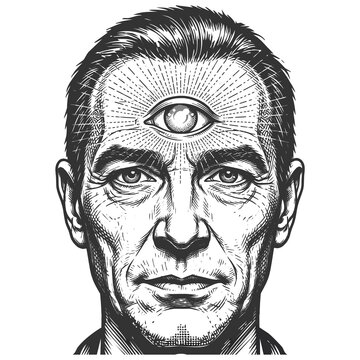 serious man with a glowing third eye symbol on his forehead, representing intuition and awareness sketch engraving generative ai raster illustration. Scratch board imitation. Black and white image.