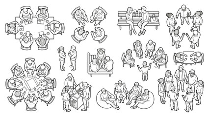 Obraz premium People Meeting and Chatting in Office Lounge Outline Vector Pack with Overhead Poses