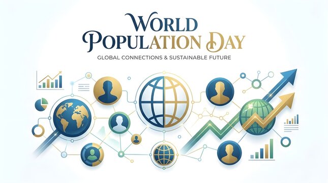 World Population Day concept illustration with diverse people and global statistics on light background