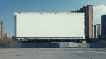 Obraz premium A large white billboard is in front of a building. The billboard is empty and has no writing on it