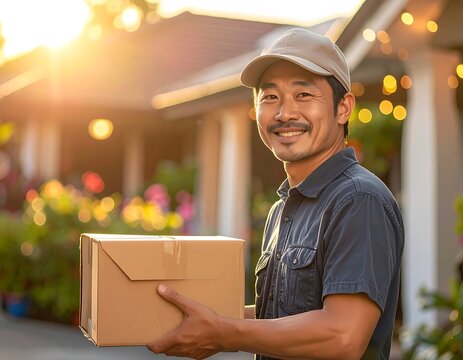 Smiling delivery man holding package box.
