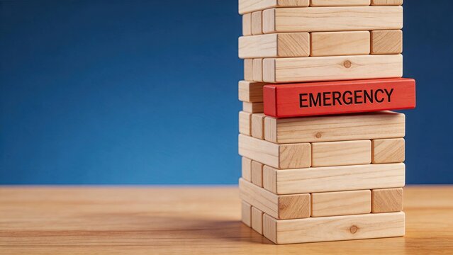 Emergency fund savings concept with red wooden block labeled emergency placed in a tower of natural wood blocks representing financial stability and preparedness