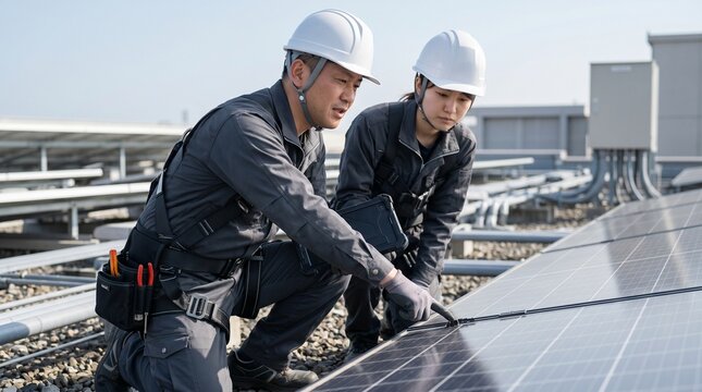 太陽光パネルの保守点検でしゃがんでOJT教育を行う男女の電気工事士