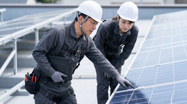 太陽光パネルの保守点検現場で女性電気工事士のOJT教育を行う様子
