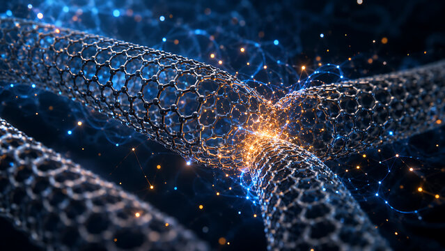 Carbon Nanotube Junction Network With Glowing Energy Nodes | Advanced Molecular Connectivity In Nanotechnology Structure | Futuristic Material Science Interface Visualization