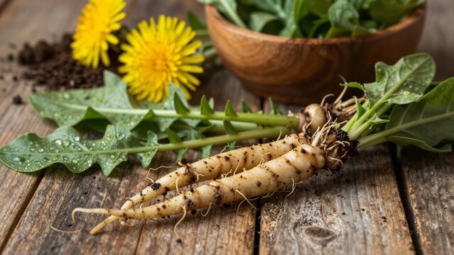 Close-up of fresh dandelion roots with attached green leaves lying on a rustic weathered wooden table alongside yellow flowers.